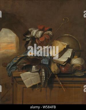 Vanitas Still Life, Vanitas ancora in vita. Ancora in vita con un casco con le piume, un foglio di carta con un versetto e una guarnizione di tenuta, un kuras, libri, una zampogna e una tromba, manette, un banner, un vescovo il personale, una pala, un turbante con una corona e un globo., Cornelis Brisé, 1665, tela, pittura a olio (vernice), h 107 cm × W 90 cm d 8 cm Foto Stock