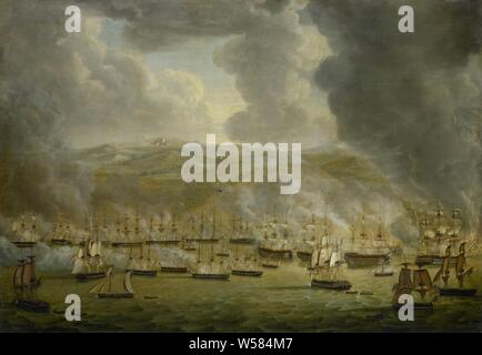L'attacco del combinato squadrone anglo-olandese su Algeri, 1816, l'attacco del regnoInglese-olandese squadron su Algeri, Agosto 1816. Vista delle navi da guerra che giace al largo di Algeri. Sulla destra un grande fuoco ardente in edifici a terra. Inoltre molte nuvole di fumo sopra la costa e tra le navi., Gerardus Laurentius Keultjes, 1817, tela, pittura a olio (vernice), h 61 cm × W 86 cm d 5,5 cm Foto Stock