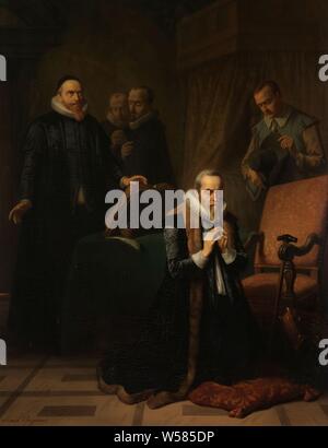 Ultima preghiera di Johan van Oldenbarnevelt, ultima preghiera di Johan van Oldenbarnevelt. In un interno, l'avvocato dello Stato si inginocchia in preghiera, il suo bastone appoggiato contro una sedia. Dietro di lui un uomo in piedi con una Bibbia punti i suoi occhi verso l'alto, Johan van Oldenbarnevelt, Simon Opzoomer, 1840 - 1878, pannello, pittura a olio (vernice), h 108,2 cm × W 83 cm × t 3.9 cm d 13,5 cm Foto Stock