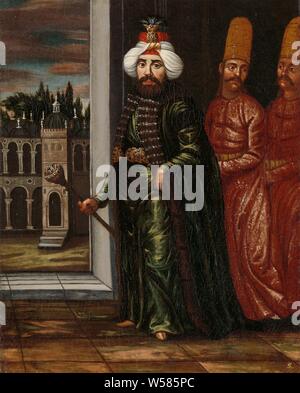 Ritratto del Sultano Ahmed III, ritratto del Sultano Ahmed III (1703-1730) con due inseguitori, sulla sinistra il palazzo. Parte di una serie di dipinti con soggetti turco ha portato dalla Turchia nei Paesi Bassi da parte dell'ambasciatore Cornelis Calkoen e suo cugino Nicolaas nel 1817 delegati alla gestione del Levantsche Handel in Amsterdam, righello, sovrano, storico persone, Turchia, Ahmed III (sultano dell'Impero ottomano), Jean Baptiste Vanmour (officina di), Istanbul, 1700 - 1737, tela, pittura a olio (vernice), h 38 cm × W 31 cm Foto Stock