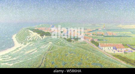 Vista di Zoutelande sull'isola di Walcheren, vista del villaggio di Zoutelande sull'isola di Walcheren in Zeeland. Dal punto di vista di un alta duna, guardando verso il basso sul villaggio. Sulla sinistra il mare, sulla destra le case del borgo, una fattoria e un mulino., Ferdinando Hart Nibbrig, 1900 - 1912, tela, pittura a olio (vernice), h 80 cm × w 159,5 cm d 7 cm Foto Stock