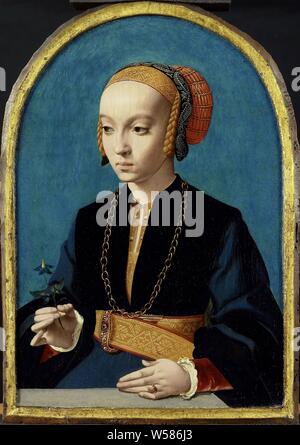 Ritratto di Elisabetta Bellinghausen (1493-1555), il Ritratto di Elisabetta Bellinghausen. Ritratto di giovane donna, mezza lunghezza, seduti dietro una balaustra, un ramo di agrodolce nella mano destra. Una catena d'oro intorno al collo, un ampio nastro con una fibbia in oro intorno alla vita. Indossa un cappello bordato sulla testa. La persona raffigurata è una figlia del prof. Peter Bellinghausen, Cancelliere di Colonia. La pittura è una contropartita al ritratto di Jacobus Omphalius (posizione sconosciuta)., Bartolomeo Bruyn (MI), 1538 - 1539, pannello, pittura a olio (vernice), h 34,5 cm × W 24,3 cm Foto Stock