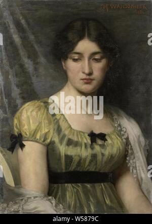 Ritratto di una donna, Ritratto di una giovane donna in una tonaca con maniche corte. Semi-corpo, seduto, anonimo persona storico ritratto - BB - Donna, Marie Wandscheer (menzionato in oggetto), 1886, tela, pittura a olio (vernice), h 67,4 cm × W 49,1 cm × t 2.7 cm h 76 cm × W 57,7 cm × d 10 cm Foto Stock