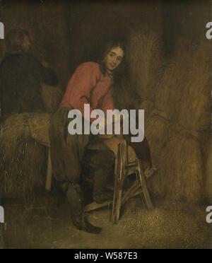 Rifilatura o balle di fieno e paglia taglierina. In un fienile un servo tagli la paglia su una panchina., Caspar Netscher (attribuito a), 1660 - 1684, pannello, pittura a olio (vernice), h cm 29 × W 24,5 cm d 5,5 cm Foto Stock