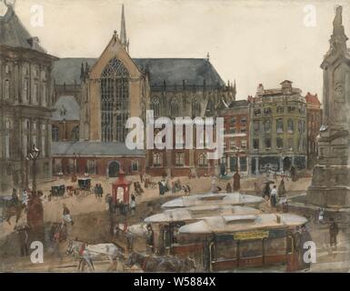 Piazza Dam in Amsterdam, Piazza Dam con la Nieuwe Kerk, quadrato, luogo, circo, etc, diligenza, omnibus, cavallo-tram, chiesa (esterno), piazza Dam e Nieuwe Kerk, Naatje op Dam Square, Royal Palace Amsterdam, George Hendrik Breitner, Paesi Bassi 1901, paper deck, vernice, la matita, il pennello, h 400 mm × W 510 mm Foto Stock