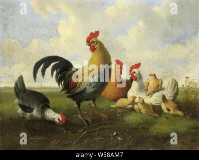 Una griglia con le galline e polli, polli: un gallo con le galline e i polli in erba della gallina sulla sinistra appare in corrispondenza di una rana., Albertus Verhoesen, 1855, tela, pittura a olio (vernice), h 61,3 cm × W 80 cm × t 2,5 cm h 69,9 cm × W 88,6 cm × d 9,8 cm. Foto Stock