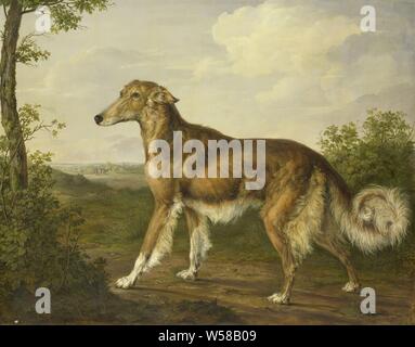 Levriero siberiano siberiano greyhound, in piedi su un percorso in un paesaggio., Jan Dasveldt, c. 1825, tela, pittura a olio (vernice), h 142,5 cm × W 177 cm × t 2,9 cm d 12 cm Foto Stock