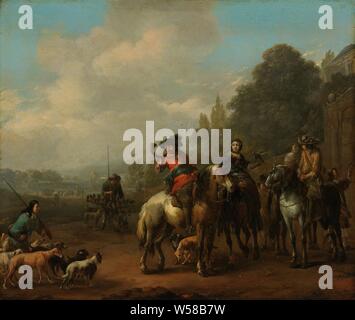 Il Ritorno dalla caccia, il ritorno della caccia. Una festa di caccia di onorevoli colleghi al gate di un al di fuori del residence. Nel mezzo di un cacciatore soffia su di un corno da caccia, sulla sinistra un servo con cani e di un fucile sulla spalla. Una delle donne ha un falco sulla sua mano. Sullo sfondo di un uomo con gli uccelli in un quadro., Johannes Lingelbach, 1650 - 1674, pannello, pittura a olio (vernice), h 35,8 cm × W 42,5 cm d 10,5 cm Foto Stock