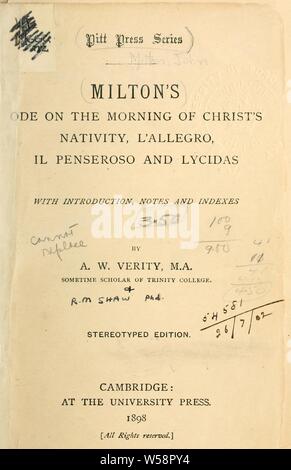 Ode la mattina del Natale di Cristo, l'allegro, Il penseroso Lycidas e. Con introd., le note e gli indici : Milton, Giovanni, 1608-1674 Foto Stock