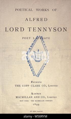 Opere poetiche del signore di Alfred Tennyson, poeta laureate : Tennyson Alfred Tennyson, Baron, 1809-1892 Foto Stock