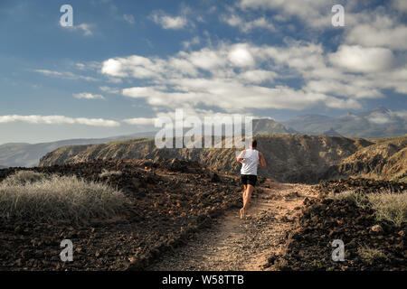 Sport Giovane uomo correre attraverso il percorso nella natura selvaggia. immagine atletico di un ragazzo che i treni da soli al tramonto. Bella vista, panorama magnifico per phis Foto Stock