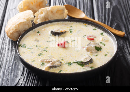 Porzione di cremosa zuppa di pesce con anguille, le verdure e le erbe aromatiche di close-up in una ciotola sul tavolo orizzontale. Foto Stock