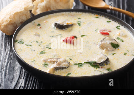 Deliziosa cremosa zuppa di pesce con anguille, formaggio e verdure close-up in una ciotola sul tavolo orizzontale. Foto Stock