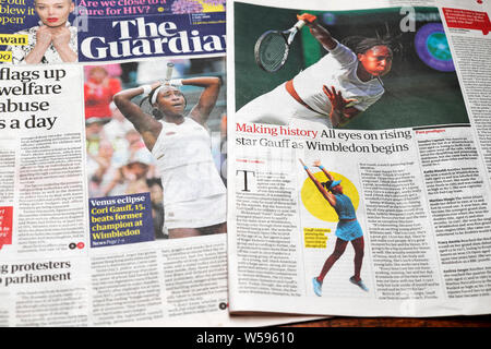 Cori Gauff 'Tutti gli occhi sulla stella nascente Gauff come Winbledon inizia' Guardian di titoli e articoli su American tennis teen Giugno 2019 LONDON REGNO UNITO Foto Stock