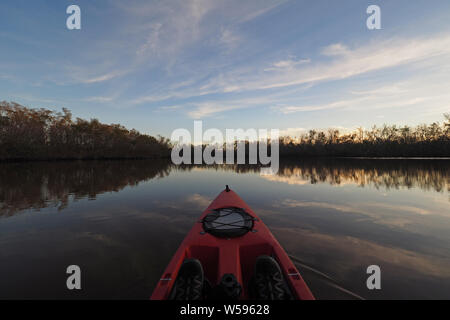 Rosso su kayak Coot Bay stagno in Everglades National Park, Florida al tramonto in una calma sera d'inverno. Foto Stock