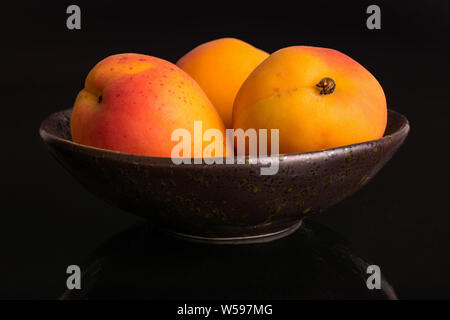 Gruppo di tre intere fresche Albicocche arancione in una buia la coppa in ceramica isolata sul vetro nero Foto Stock