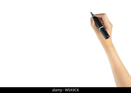 Mano azienda Black magic marker penna pronto a scrivere qualcosa di isolato su sfondo bianco con copia spazio, studio shot Foto Stock