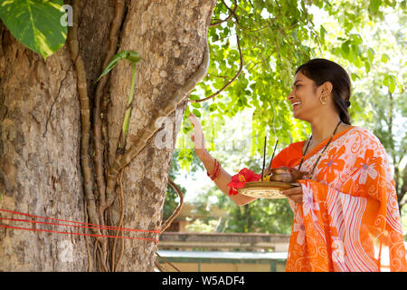 Donna adorare un albero sacro Foto Stock
