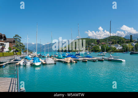 Porto sul Lago di Thun, Spiez, Oberland bernese, Svizzera, Europa Foto Stock