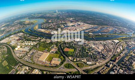 Vista aerea, Duisburger Hafen Duisport AG an der Ruhr e canale Rhein-Herne con estuario della Ruhr nel Reno e dell'autostrada A42, Ruhrort, Duisburg Foto Stock