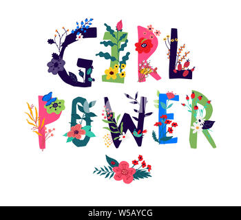 Iscrizione Girl Power, circondato da fiori. Vettore. Illustrazione in stile cartoon. Slogan motivazionali come immagine della natura. Banner, invito a Foto Stock