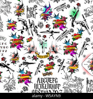 Illustrazione del tatuaggio, pistole, coltelli e rose. Vettore. Freddo e armi da fuoco. Gotico. Lo stile della vecchia scuola americana. Cuore con una rondine e inscriptio Foto Stock