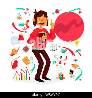 Un set di icone sul tema dei processi di business. Vettore. Un brillante personaggio dei fumetti con infographics. Un uomo con una tavoletta e una penna. Moda Foto Stock