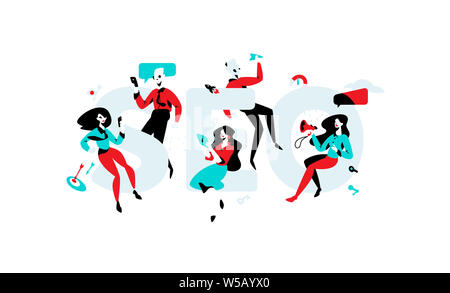 Illustrazione della Seo specialisti. Vettore illustrazione piana. I dipendenti in ufficio. Immagine è isolato su sfondo bianco. PR specialisti, inserzionisti Foto Stock