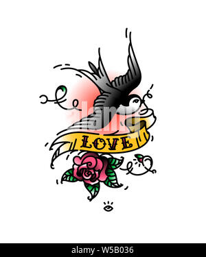 Tattoo Rondini con l iscrizione di amore e di un bocciolo di rosa dal di sotto. Illustrazione Vettoriale. Tatuaggio di un americano di vecchia scuola. Bird swift con nastro e Foto Stock