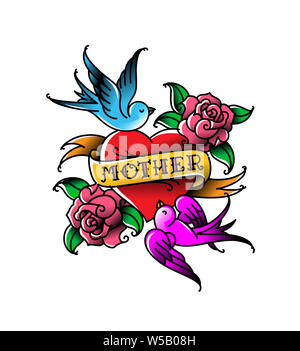 Un tatuaggio con la scritta di MOM. Un cuore e fiore tatuaggio con un fiore. Tatuaggio in stile americano di vecchia scuola. Raster tatuaggio piana. Il Foto Stock