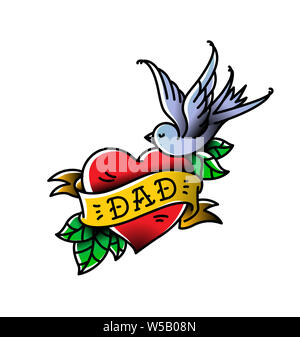 Un tatuaggio con la scritta del papà. Cuore tatuaggio con un birdie. Tatuaggio in stile americano di vecchia scuola. Raster tatuaggio piana. L'illustrazione Foto Stock