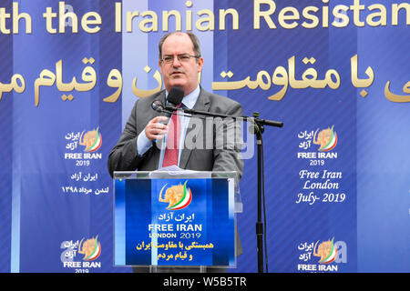Londra, Regno Unito. 27 Luglio, 2019. Movimento Anti-Iran con il British oratori rally la domanda per un cambiamento di regime, Trafalgar square, il 27 luglio 2019, Londra, UK Credit: capitale dell'immagine/Alamy Live News Foto Stock