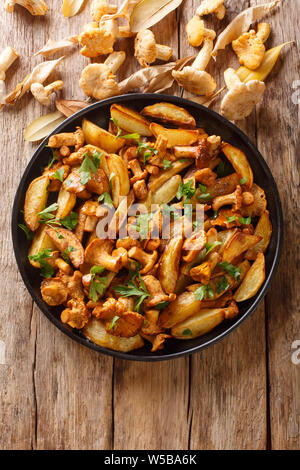 Deliziose frittelle di patate con i finferli close-up su una piastra sul tavolo. Verticale in alto vista da sopra Foto Stock