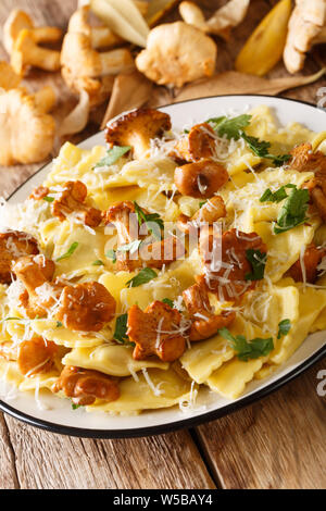 Deliziosi ravioli con finferli e parmigiano close-up su una piastra sul piano verticale. Foto Stock