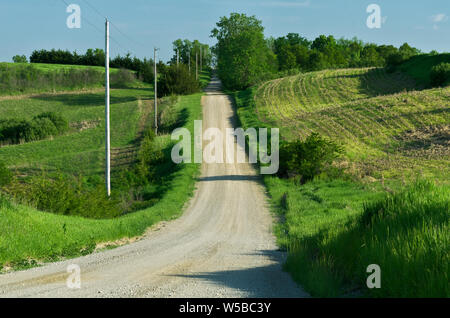 KS: Doniphan County, Area Wathena, Fiume Missouri campagna, una strada di ghiaia attraversa terreni agricoli vicino al Fiume Missouri Foto Stock