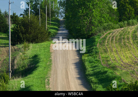 KS: Doniphan County, Area Wathena, Fiume Missouri campagna, una strada di ghiaia attraversa terreni agricoli vicino al Fiume Missouri Foto Stock