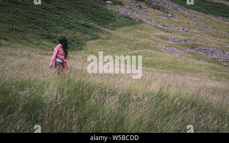 Giovane donna sconosciuta camminare sui pascoli sui monti di Highlands della Scozia nel Regno Unito Foto Stock