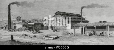 America del Sur. La industria saliterra en el Perú. Vista de la fábrica saliterra titulada 'Santa Adela'. Grabado por Bernardo Rico (1825-1894). La Ilustración Española y Americana, 15 de octubre de 1883. Foto Stock