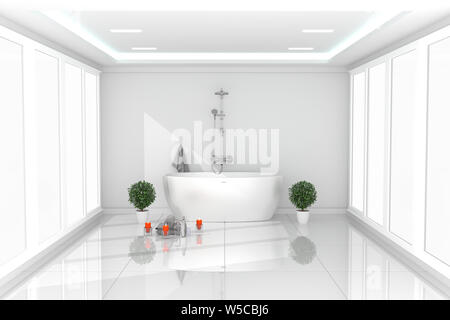 Bella sala luminosa interni - moderno bagno bianco - bianco vuoto concetto camera. Il rendering 3D Foto Stock