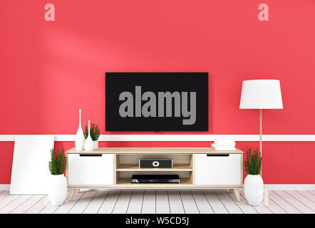 TV sul cabinet nel soggiorno moderno con lampada,impianto sulla parete rossa sullo sfondo,il rendering 3D Foto Stock