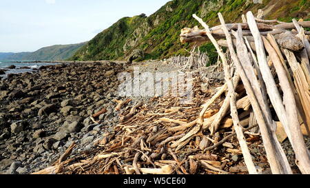 Driftwood bastoni formando un magro-a sulla spiaggia di Pukerua Bay a nord di Wellington Foto Stock