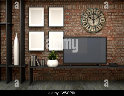 TV sulla parete in Loft soggiorno. Il rendering 3D Foto Stock