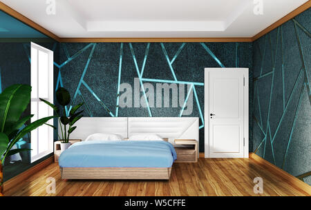 Soppalco con letto matrimoniale interno con lo stampaggio di blu sullo sfondo di calcestruzzo,design minimale.3d rendering Foto Stock