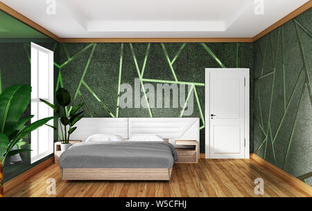 Soppalco con letto matrimoniale interno con lo stampaggio di verde sullo sfondo di calcestruzzo,design minimale.3d rendering Foto Stock