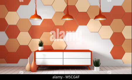 Ripiano Tv nella moderna sala vuota con piante su orange esagono Sfondo piastrelle,3d rendering Foto Stock