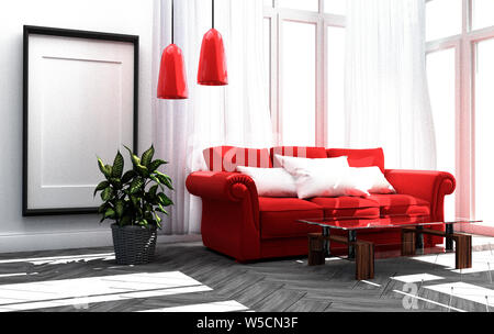 Divano rosso in un salotto muro bianco sullo sfondo. Il rendering 3D Foto Stock
