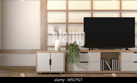 Interior design,soggiorno moderno con smart tv,tabella,lampada,pavimento in legno e muro bianco stile minimal.3D rendering Foto Stock