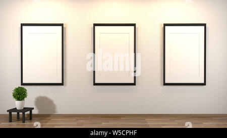 Interno vuoto sfondo, camera Zen con piante sul tavolo basso e telai sulla parete vuota,3D rendering Foto Stock