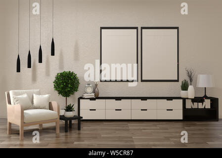 Minimalista zen moderno soggiorno con pavimento in legno e arredamento in stile giapponese.il rendering 3D Foto Stock