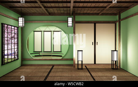 Mock up big room molto lussuoso stile zen, appositamente progettata in stile giapponese, vuoto camera verde. Il rendering 3D Foto Stock